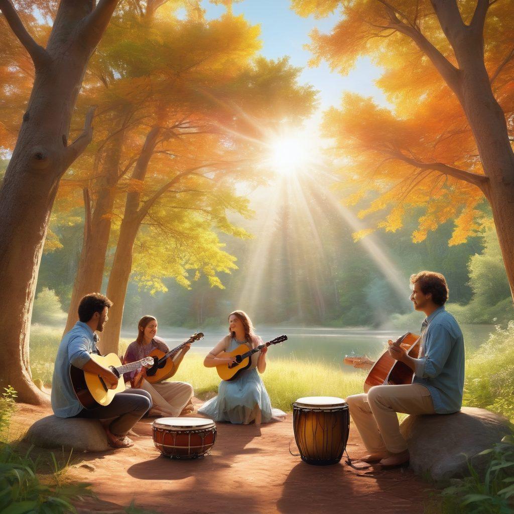 A serene scene depicting a diverse group of people joyfully engaging in music and worship outdoors, surrounded by nature's beauty, with sunlight filtering through trees. Instruments like guitars and hand-drums are present, each person displaying a sense of peace and joy as they connect spiritually. Soft, pastel colors highlight the scene, radiating warmth and positivity. super-realistic. vibrant colors. peaceful atmosphere.