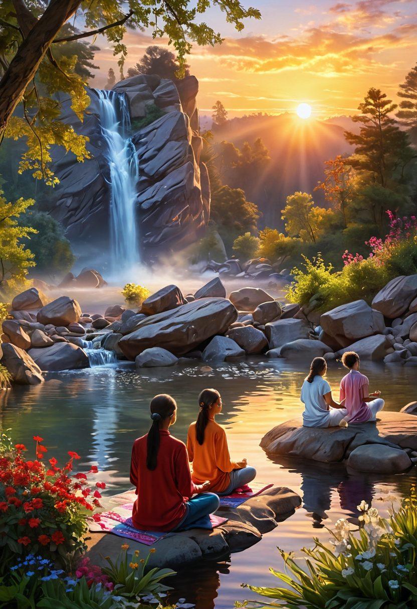 A serene scene depicting a diverse group of individuals engaged in various forms of worship—praying, meditating, singing—under a vibrant sunrise. Surround them with elements of nature like blooming flowers and gently flowing water, symbolizing tranquility and spiritual awakening. Incorporate soft, warm light to evoke a sense of peace and connection. super-realistic. vibrant colors. serene atmosphere.