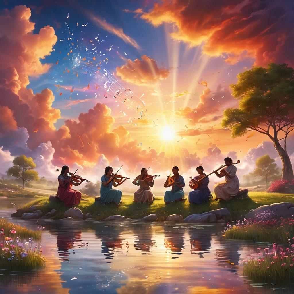 An ethereal scene of a diverse group of people playing musical instruments surrounded by glowing notes and vibrant colors, with a radiant light descending from above symbolizing divine inspiration. In the background, soft clouds subtly merge into a landscape showing a sunrise, reflecting hope and spirituality. Include a gentle stream of water flowing nearby as a metaphor for tranquility and healing. super-realistic. vibrant colors. tranquil atmosphere.